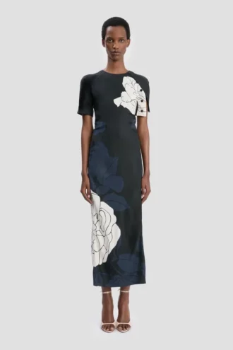 Abito midi con orlo asimmetrico e stampa floreale blu navy scuro