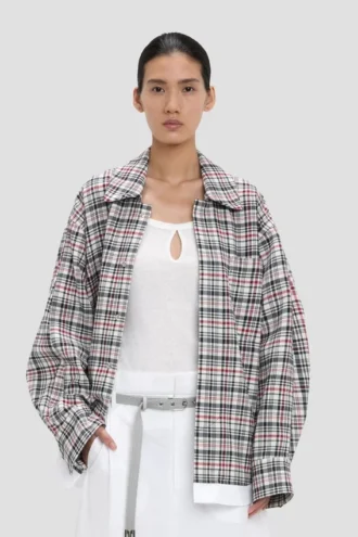Giacca-camicia cocoon dal taglio morbido a quadri blu-rossi