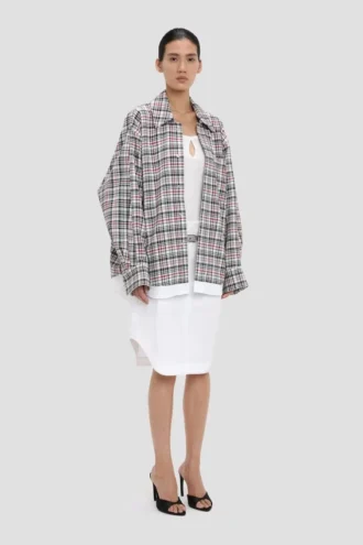 Giacca-camicia cocoon dal taglio morbido a quadri blu-rossi