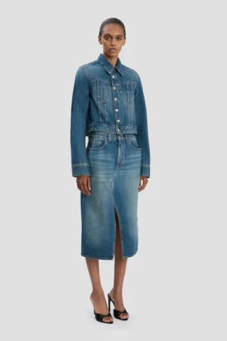 Giacca in denim con lavaggio blu medio
